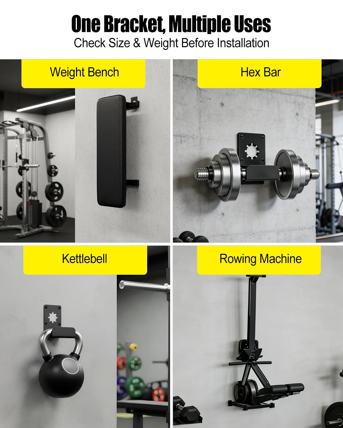 Weight Bench Gym Storage with Rubber Gasket, Heavy Duty Wall Mount Brackets 200 lb, Adjustable Hanger Home Gym Space-Saving Storage for Weight Benches, Hex Bars & Rowing Machines