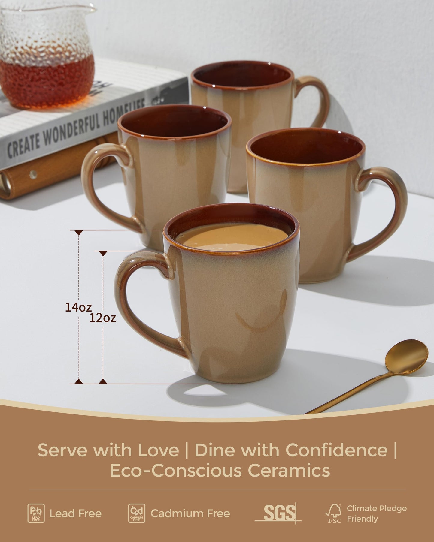 Pokini Coffee Mug 14 oz, Ceramic Coffee Mugs Set of 4, Reactive Glaze Mug for Latte/Tea/Cappuccino, Large Stackable Mug Set for Men, Women, Dad, Mom, Dishwasher & Microwave Safe, Brown Yellow