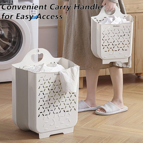 Mcckoys Foldable Hanging Laundry Baskets with Carry Handle Plastic Laundry Hamper Wall Adhesive Hanging Storage Basket Dirty Clothes Storage Bin Multi-function Storage Container Combo 2-piece Set