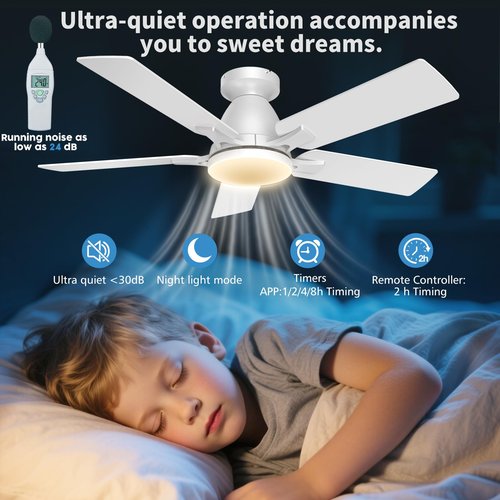 AIKVSXER Ceiling Fans with Lights,42" Low Profile Ceiling Fan with Lights and Remote,Reversible,3CCT, Dimmable,Noiseless,White Ceiling Fan for Bedroom,Living Room,Hallway