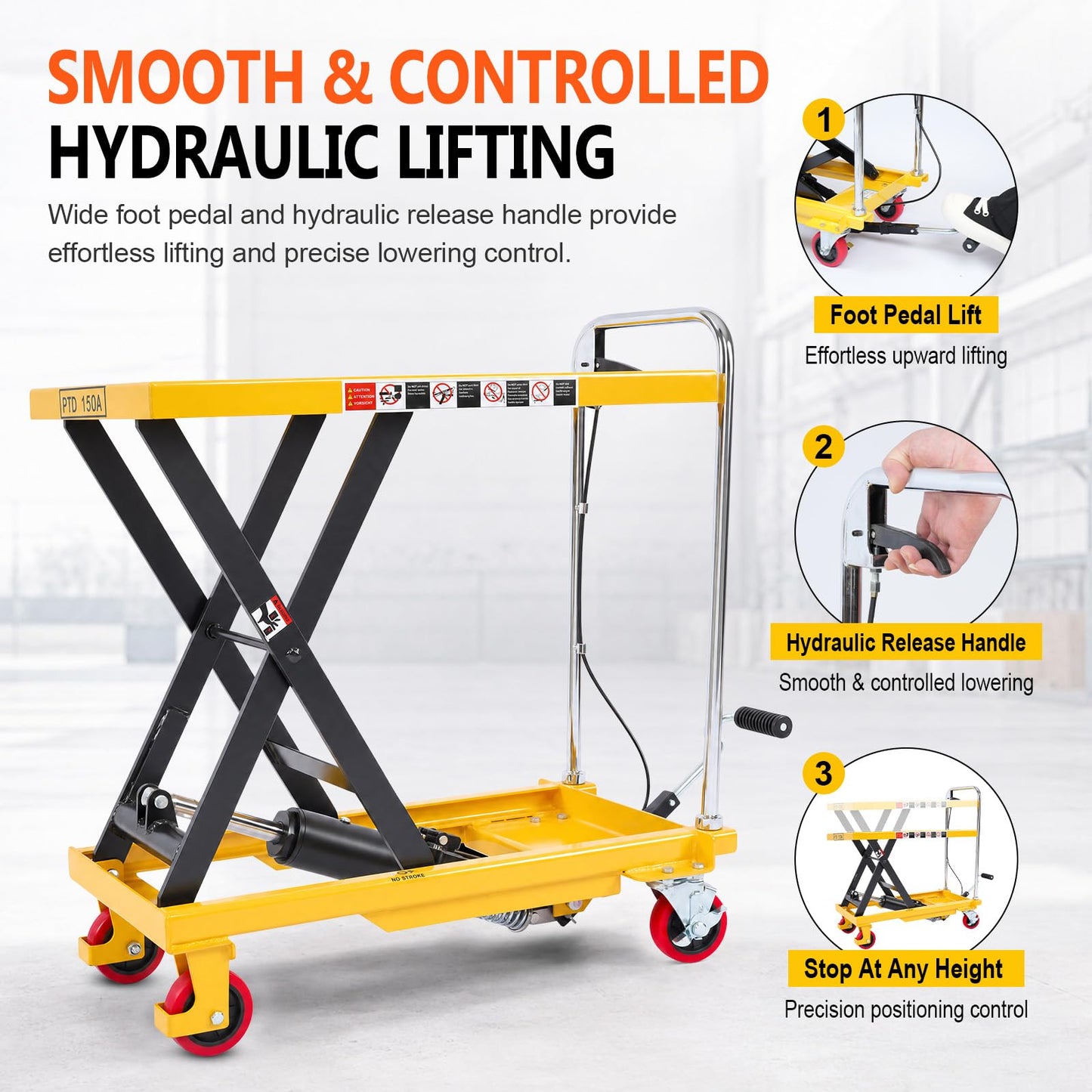 Claw Road 2026 New Hydraulic Lift Table Cart 500LB Capacity, 32" Lift Height, Manual Scissor Lift Cart with Foot Pedal, Release Handle & Locking PU Casters for Warehouse, Workshop, Garage, Yellow