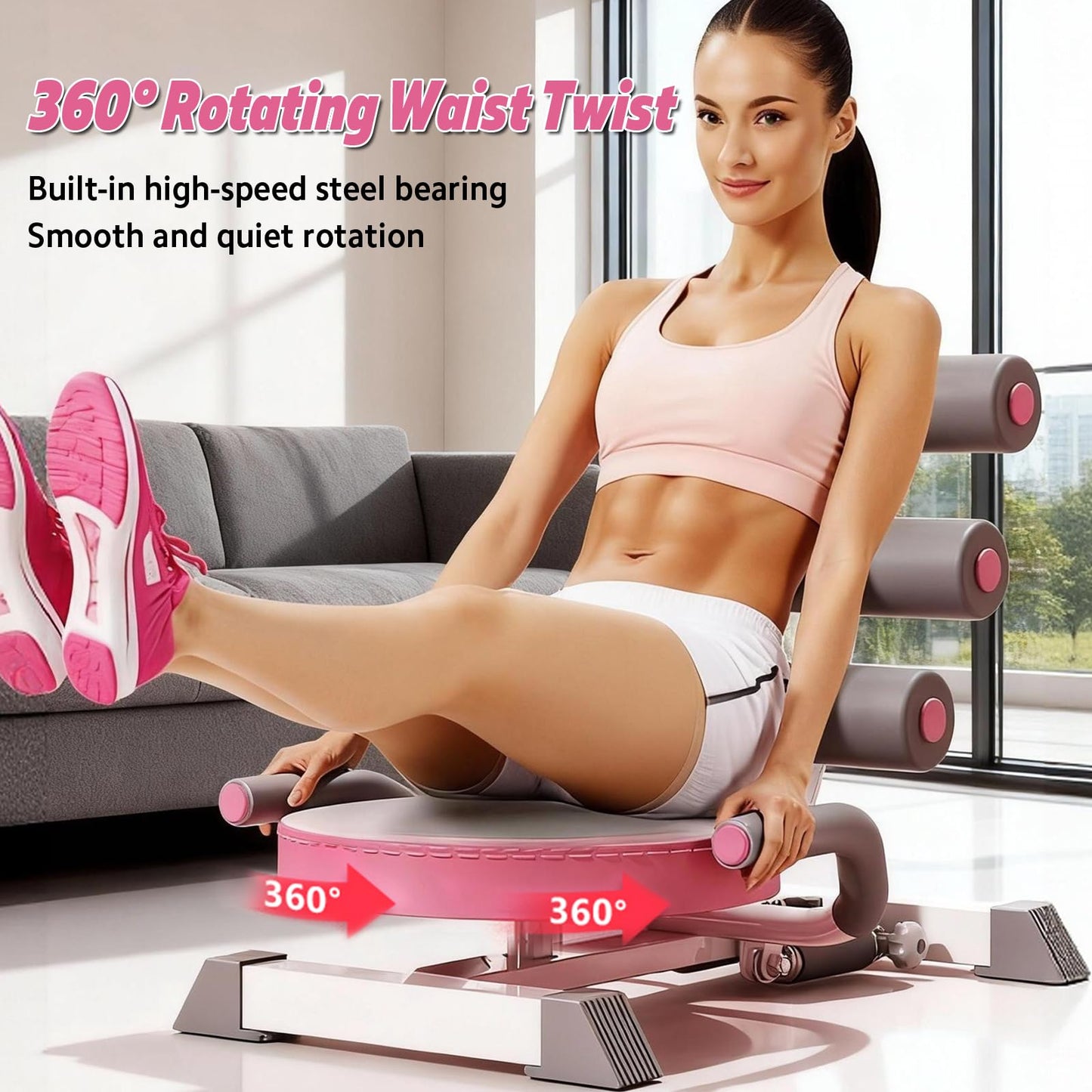 Ab Machine with Auto Rebound, 360° Rotating Seat Ab Trainer for Home Workout, Foldable Sit Up Exercise Equipment for Core Abs Training, Adjustable Home Gym Fitness Equipment
