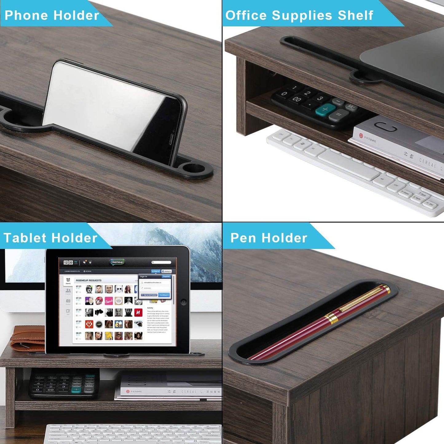 Management,2 VECELO Wood Computer Monitor Stand Riser,TV/Laptop/Printer/PC Desk Shelf with Cellphone Holder and Cable