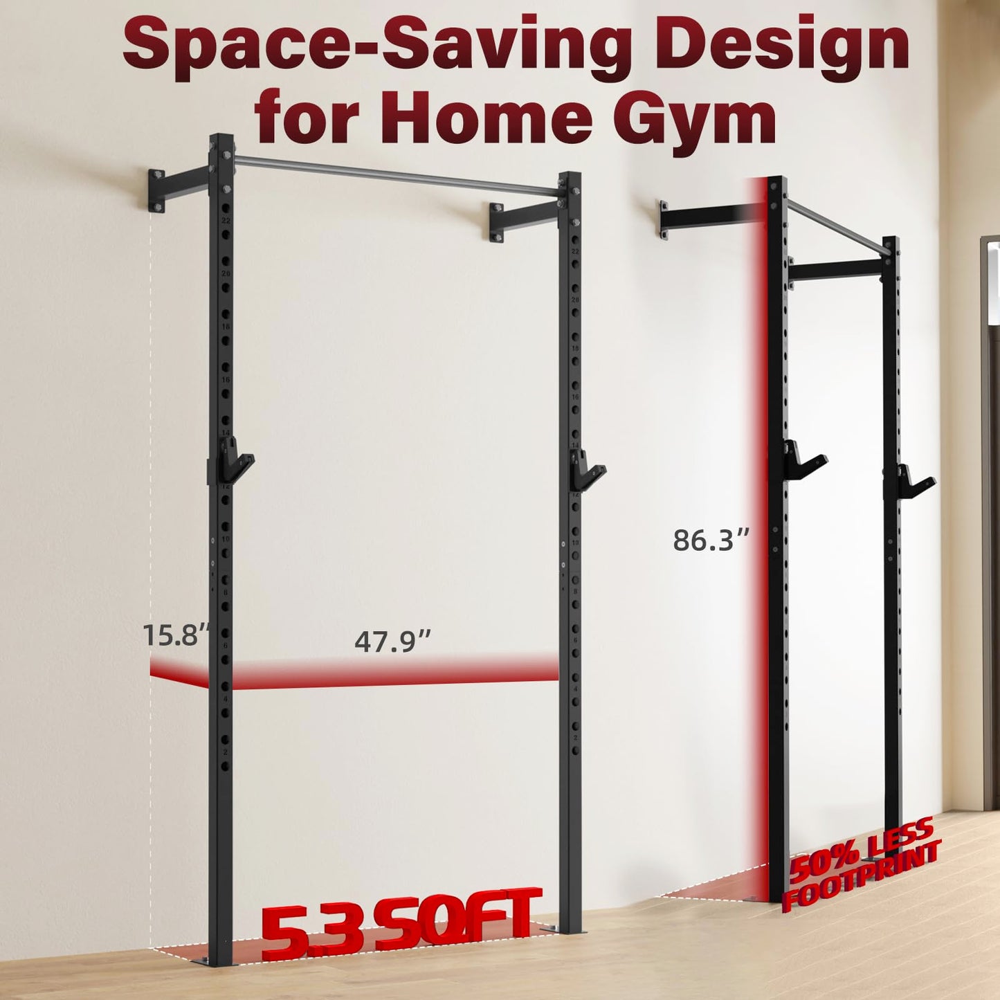 SPORTSOUL Wall Mounted Half Rack, 900lbs Squat Rack with Pull Up Bar for Home Gym, Space-Saving 2"x2" Pull-Up Station with Adjustable J-Hooks for Garage & Apartment (Black)