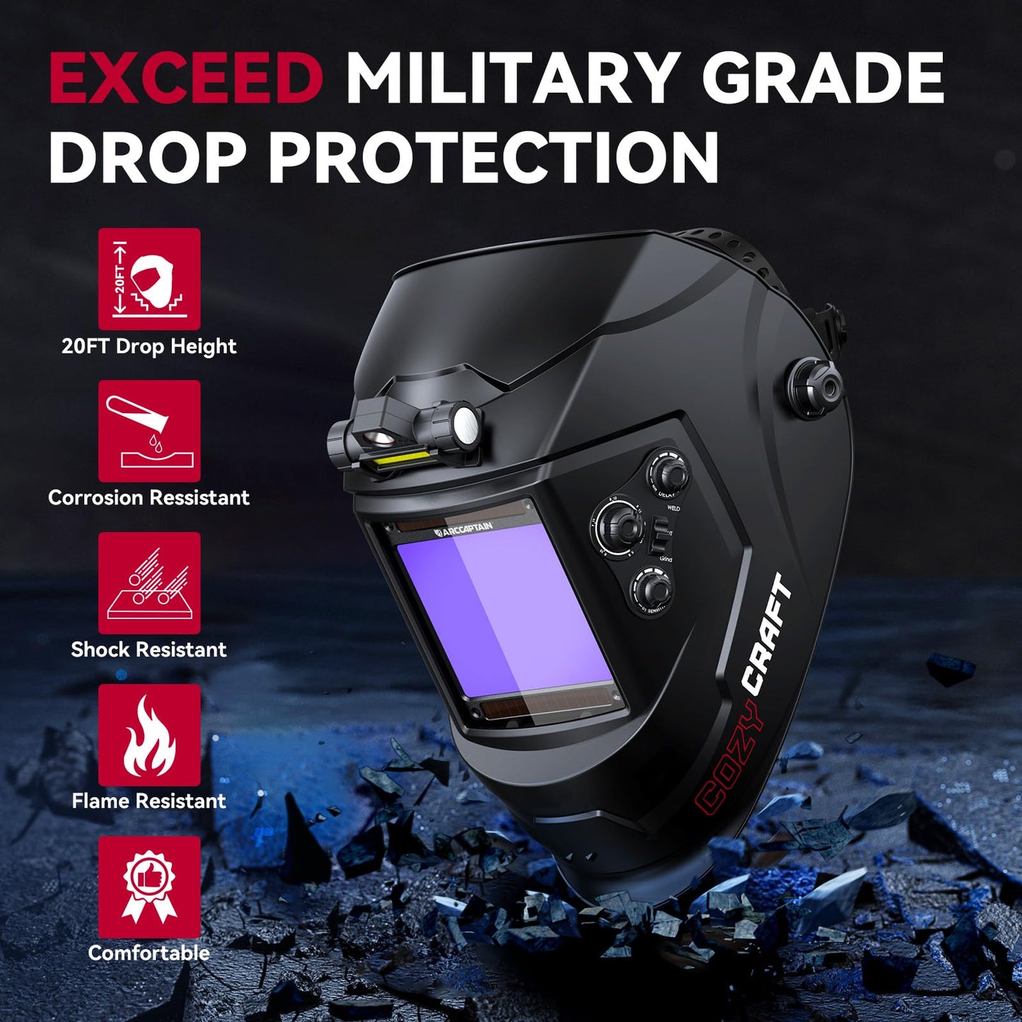 ARCCAPTAIN 55Amp Plasma Cutter, Blowback Non-HF Pilot Arc Plasma Cutting Machine + Large View 3.94" x 3.66" True Color Auto Darkening Welding Helmet with Light