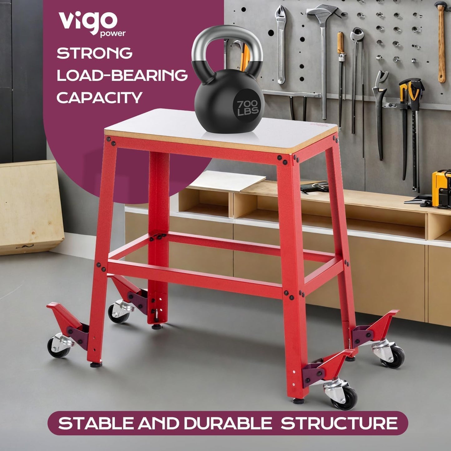 VIGO POWER Universal Tool Stand with Wheels, Drill Press, Miter Saw, Band Saw, Scroll Saw, Planer, Sander & Bench Grinder Stand, 700 lbs Heavy Duty Mobile Base, 26"x14" MDF Top, Rubber Casters