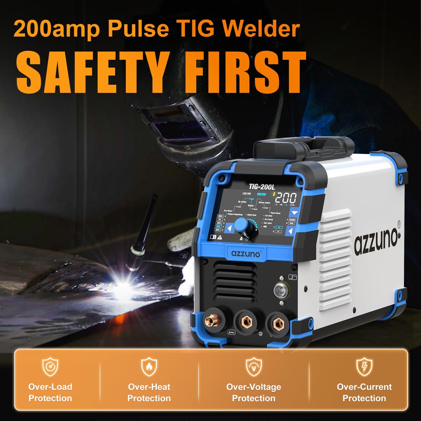AZZUNO 200A TIG Welder With Pulse Cold, 5-in-1 DC HF TIG/PULSE TIG/COLD/SPOT TIG/STICK, 110V&220V Dual Voltage TIG Welding Machine with Large LED Display