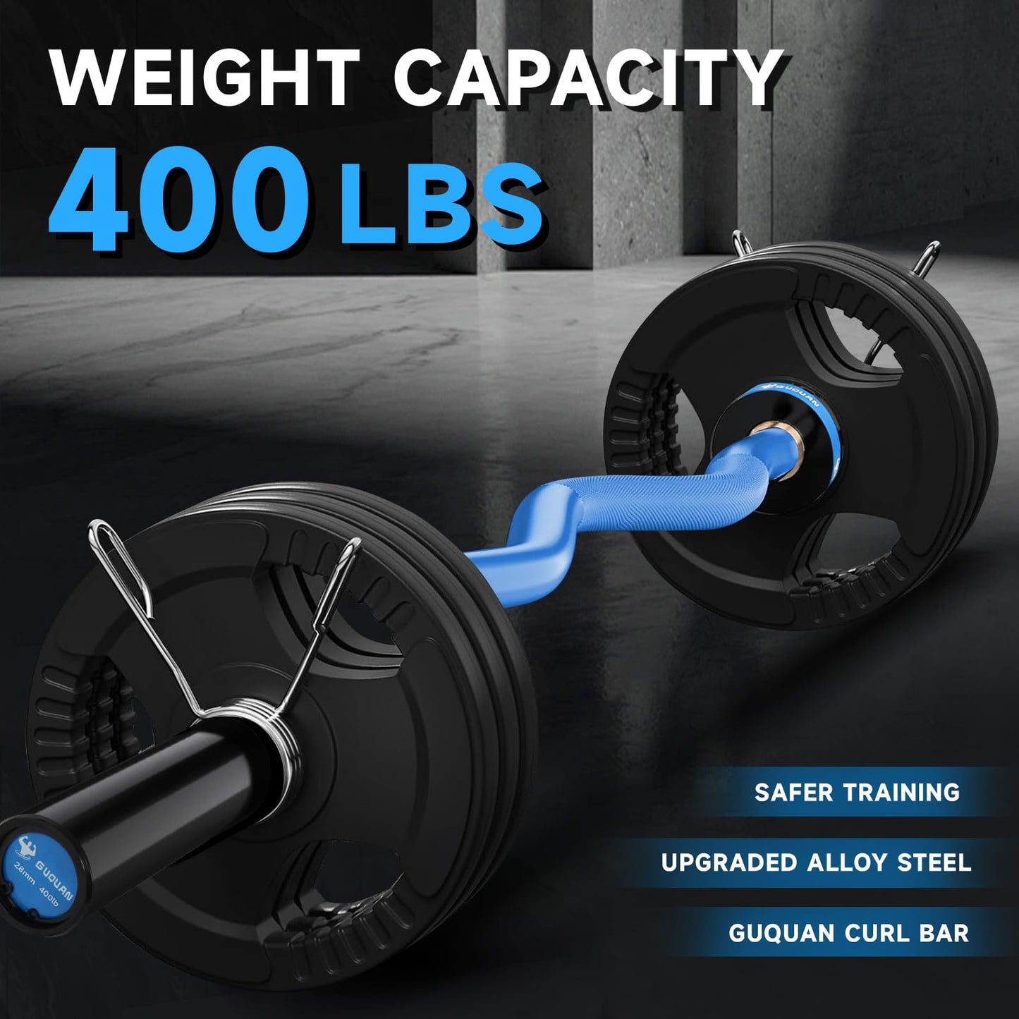 GUQUAN Olympic EZ Curl Barbell Bar, 400LBS Weight Capacity Olympic Curl Bar, 4ft Barbell Weight Bar with Knurled Grip for 2 Inch Weight Plates, Hip Thrusts,Squat,Biceps-Home Gym Weight Bar