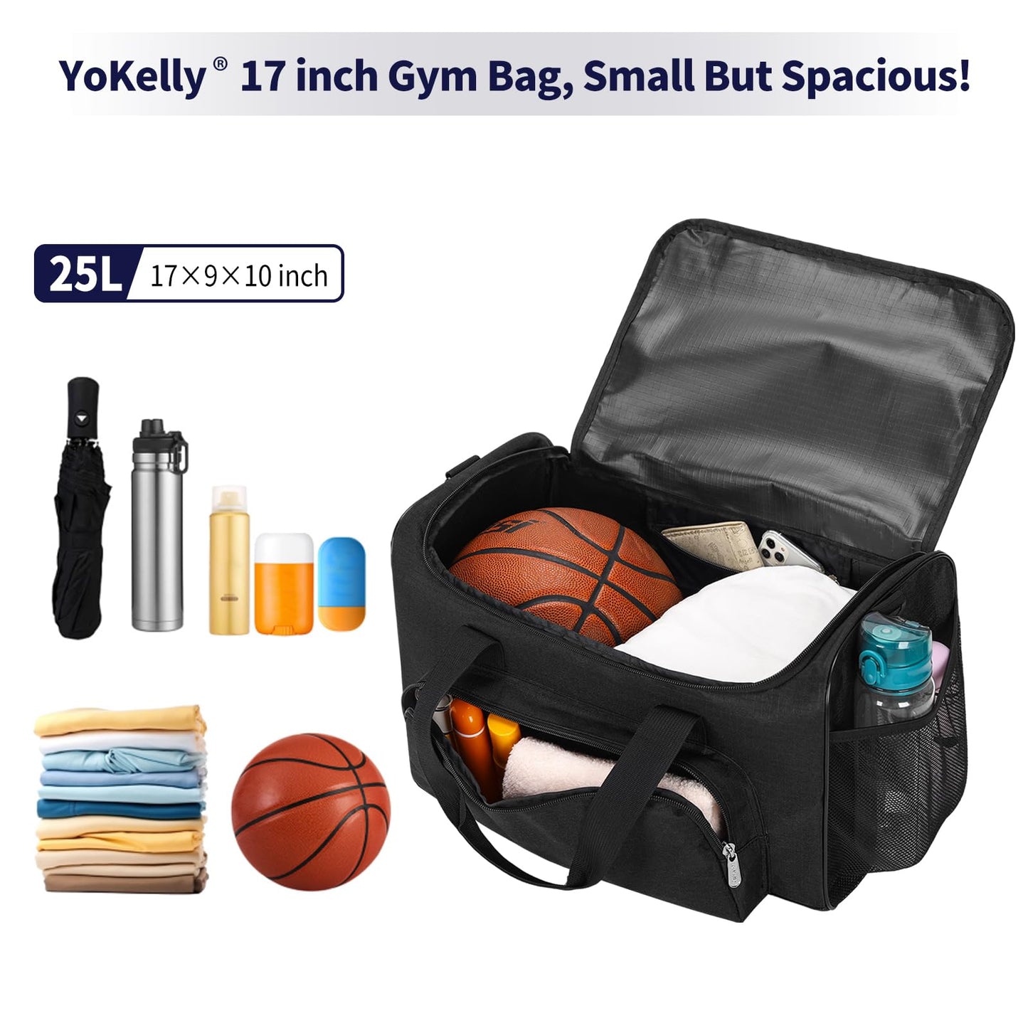 YoKelly 25L Small Gym Sport Duffle Bag - 17 Inch Weekender Overnight Bag for Travel, Workout, Fitness - Black