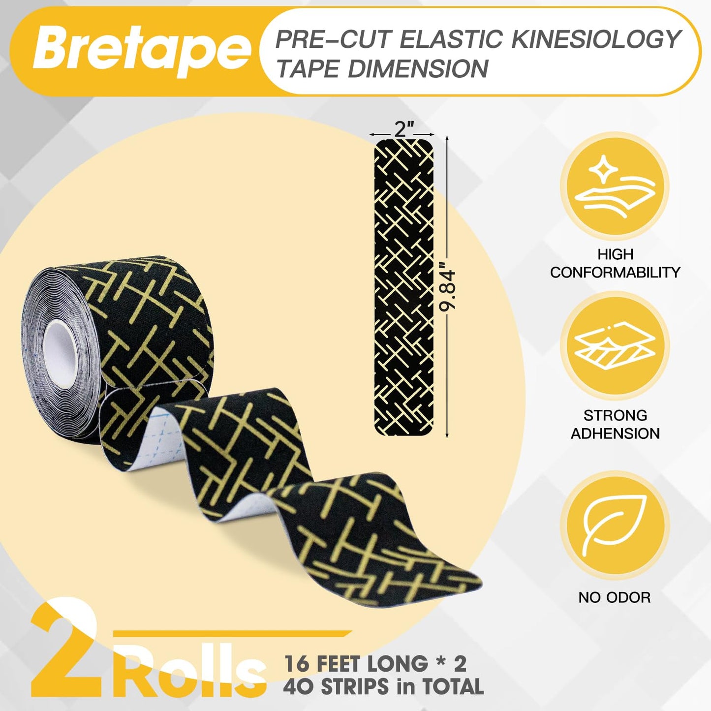 Kinesiology Tape, Premium Precut 2 Roll Pack Flexible & Breathable Athletic Tape for Shoulder, Knee and Ankle, Elastic K Tape for Sport & Weightlifting, Muscle Strain Relief & Joint Support - Black