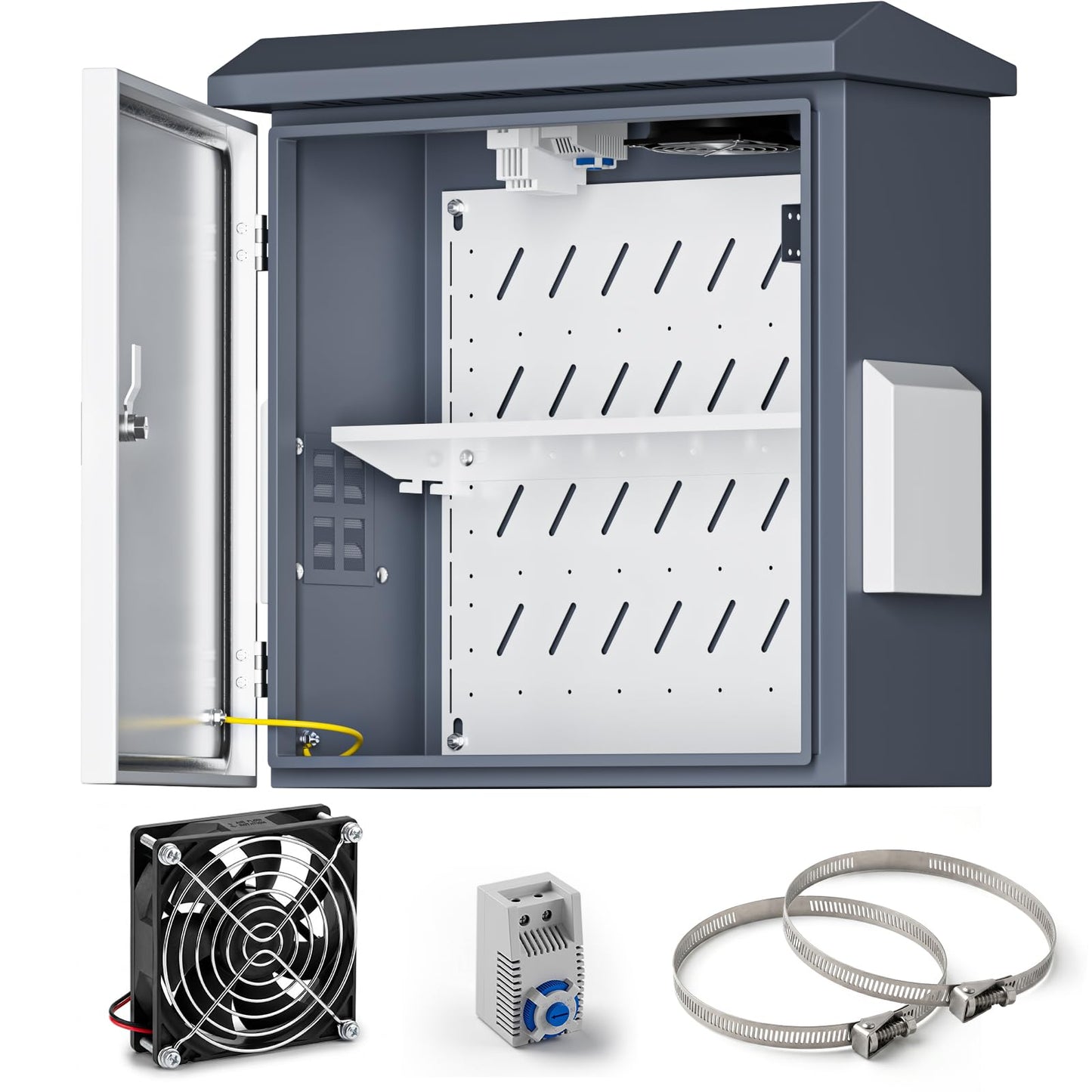 Outdoor Electrical Box with Thermostat and Fan, Heavy Duty Lockable Weatherproof Junction Enclosure for Network, Security Camera and Solar Equipment, Vented IP65 Cabinet with Wall and Pole Mount