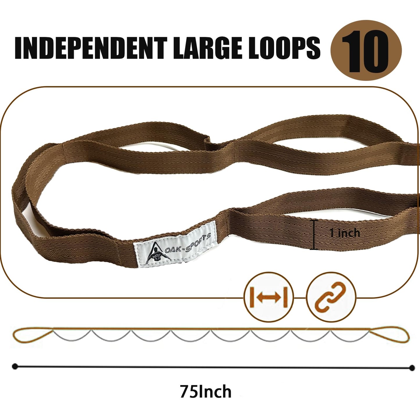 Stretching Strap Yoga Strap with Loops, Stretch Straps for Physical Therapy, Non-Elastic Exercise Strap for Pilates, Dance and Gymnastics with Workout Guide (Brown)