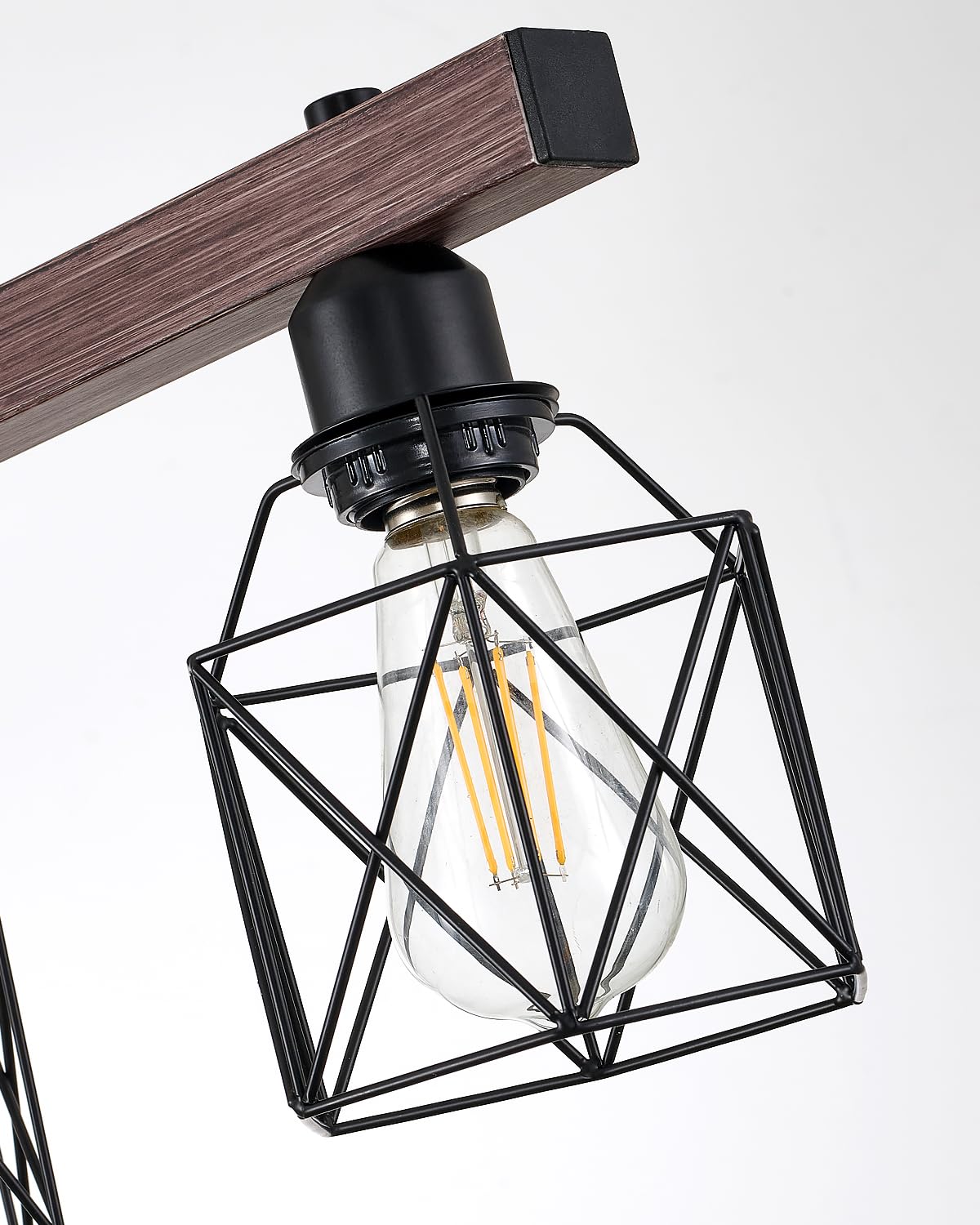 5-Light Industrial Kitchen Island Lighting with Wood Grain Bar and Black Metal Cage, Farmhouse Rustic Hanging Ceiling Lamp for Dining Room, Living Room