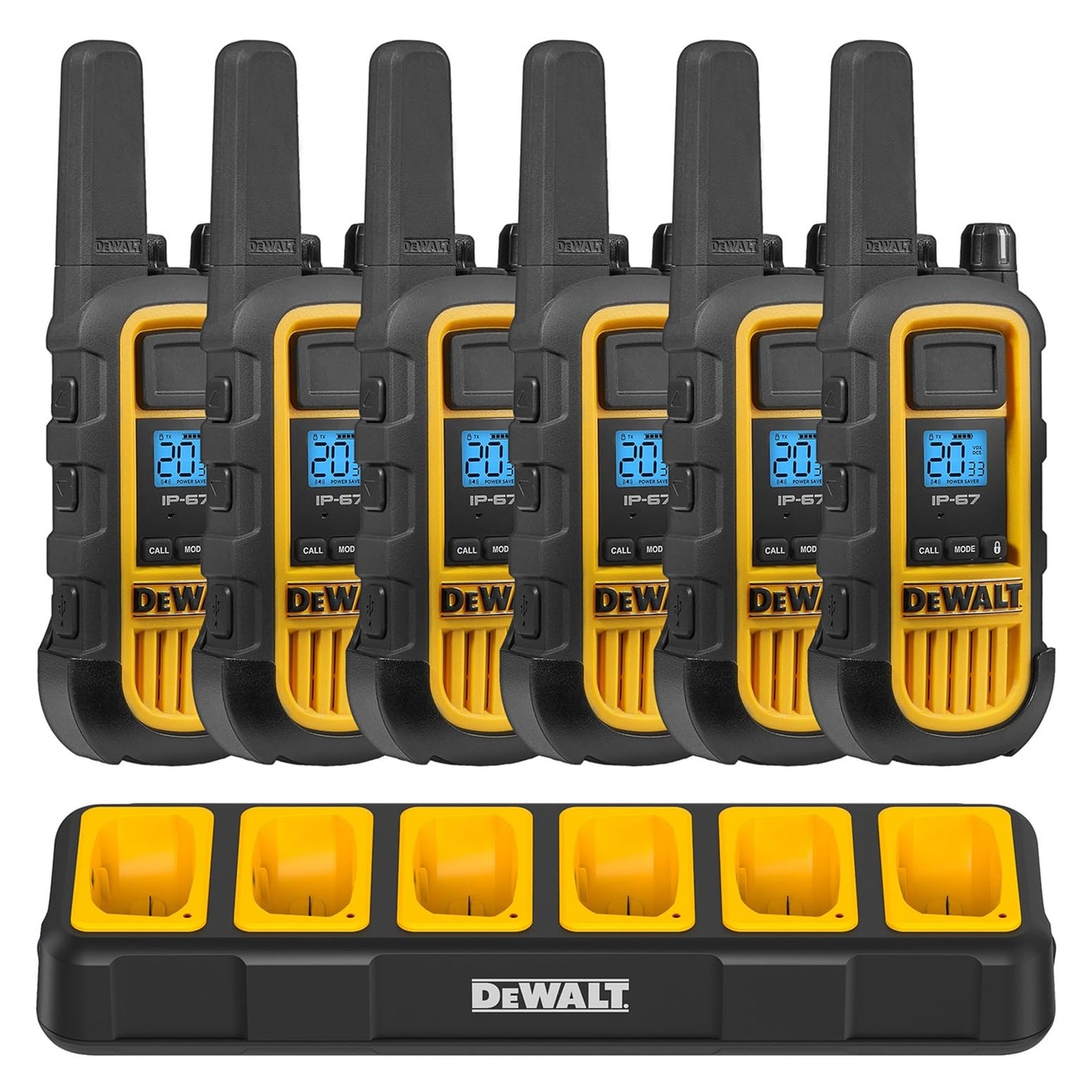 DEWALT DXFRS800 FRS Walkie Talkies, Long Range 2 Way Radio, 2W, IP67 Waterproof, 6 Pack with Gang Charger, DXFRS800-BCH6