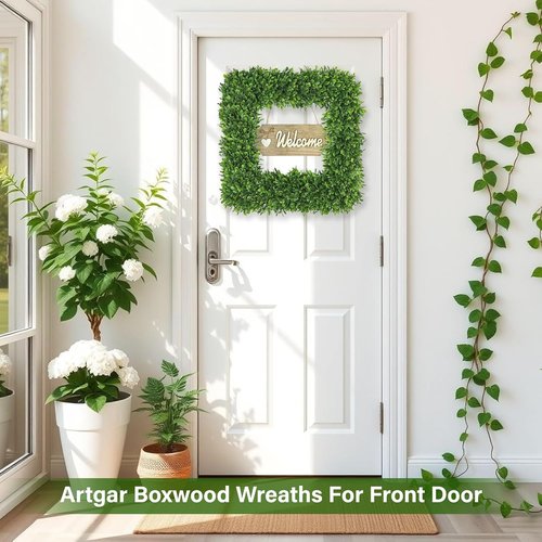 Artgar 20-Inch Boxwood Wreath - Realistic Green Spring Decor for Year-Round Indoor/Outdoor Use