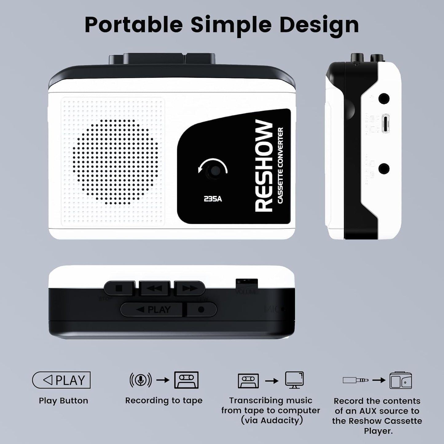 Cassette Cassette MP3 Reshow Player Recorder, Portable to Converter with USB-C, Built-in Speaker, Audio Tape to Digital