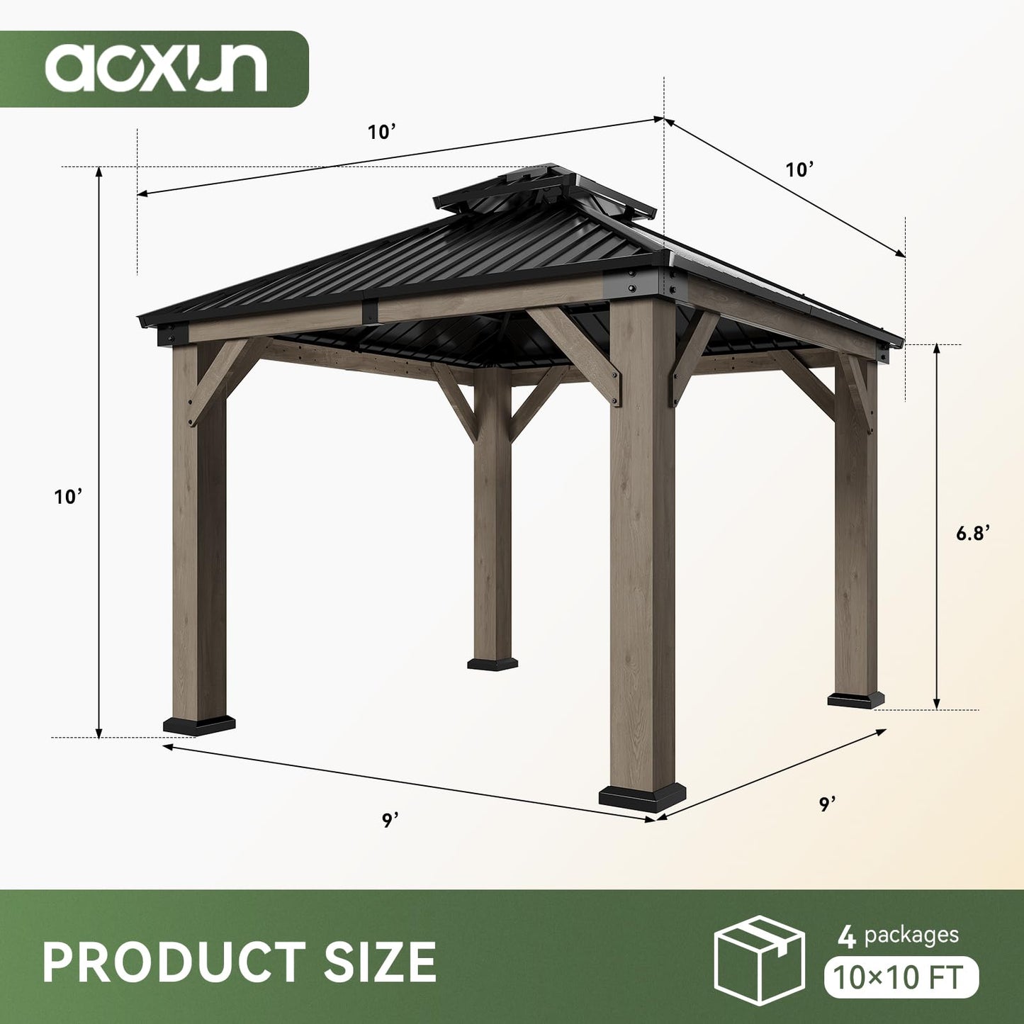 Aoxun 10' x 10' Outdoor Cedar Wood Hardtop Carport, Heavy Duty Gazebo with Double Galvanized Steel Roof, All-Weather Wind & Snow Resistant Permanent Pavilion for 2 Cars, Boat, Patio, Backyard