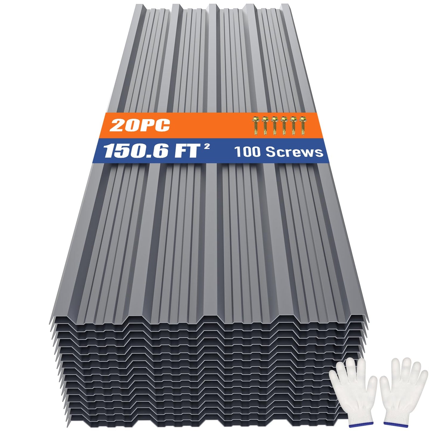 Brakki Corrugated Metal Roofing Panels 20pcs 150.6 ft², Grey Galvanized Steel Roof Panels with Screw, Heavy Duty Metal Siding Suitable for Garages Chicken Coop Sheds Stables Patio
