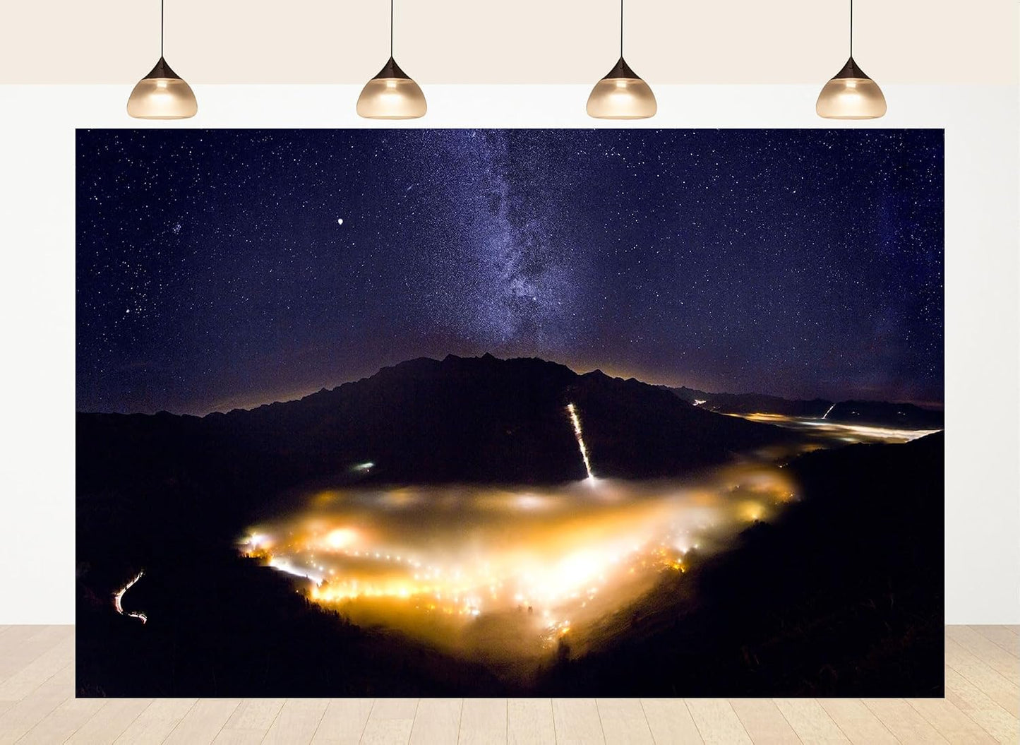 LidyMini 8x8ft Fabric Alpine Valley Starry Night Backdrop Milky Way Foggy Town Lights Photography Background Mountain
