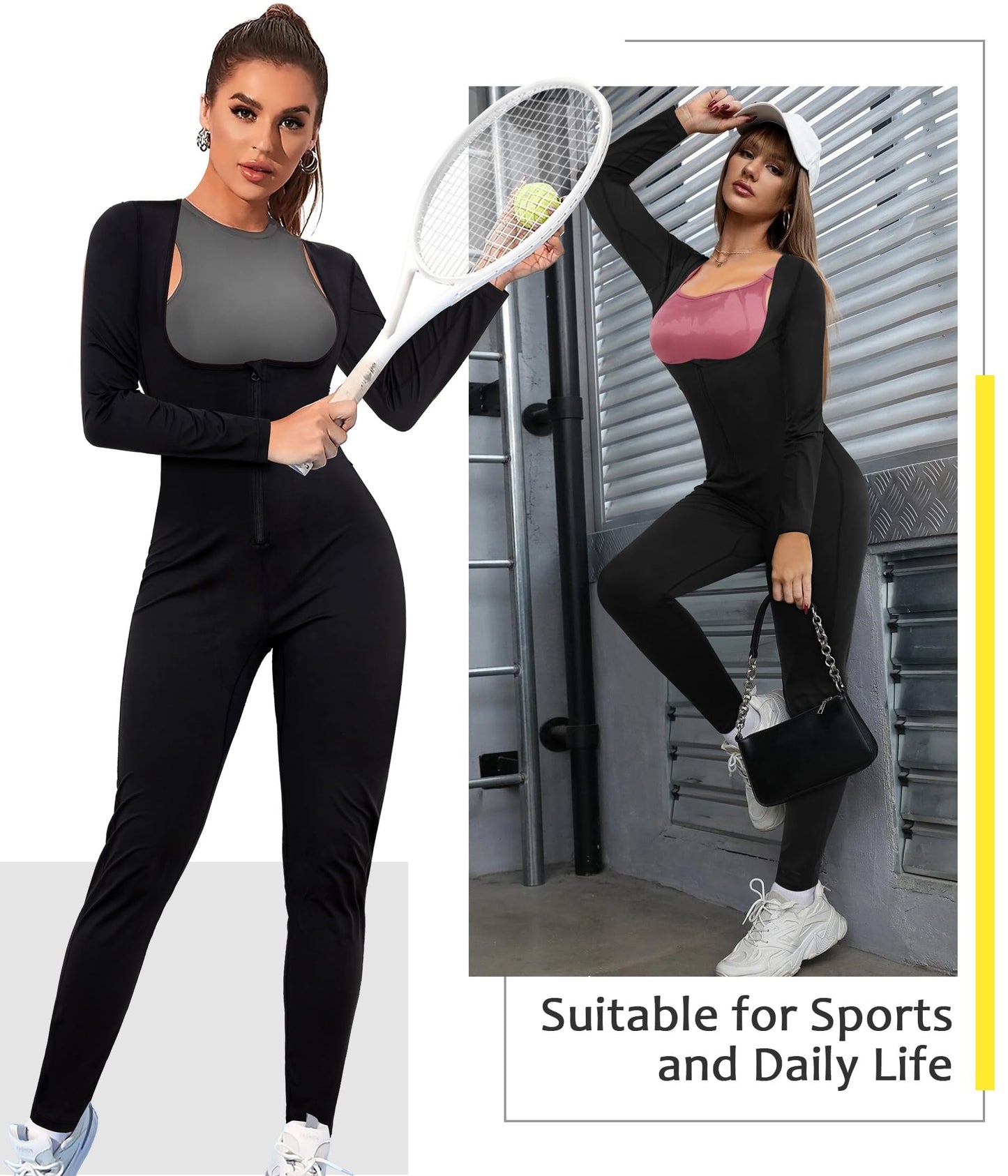 Junlan Sauna Suit for Women Full Body Compression Suit Sweat Jumpsuit Waist Trainer for Working Out(Black,Large)