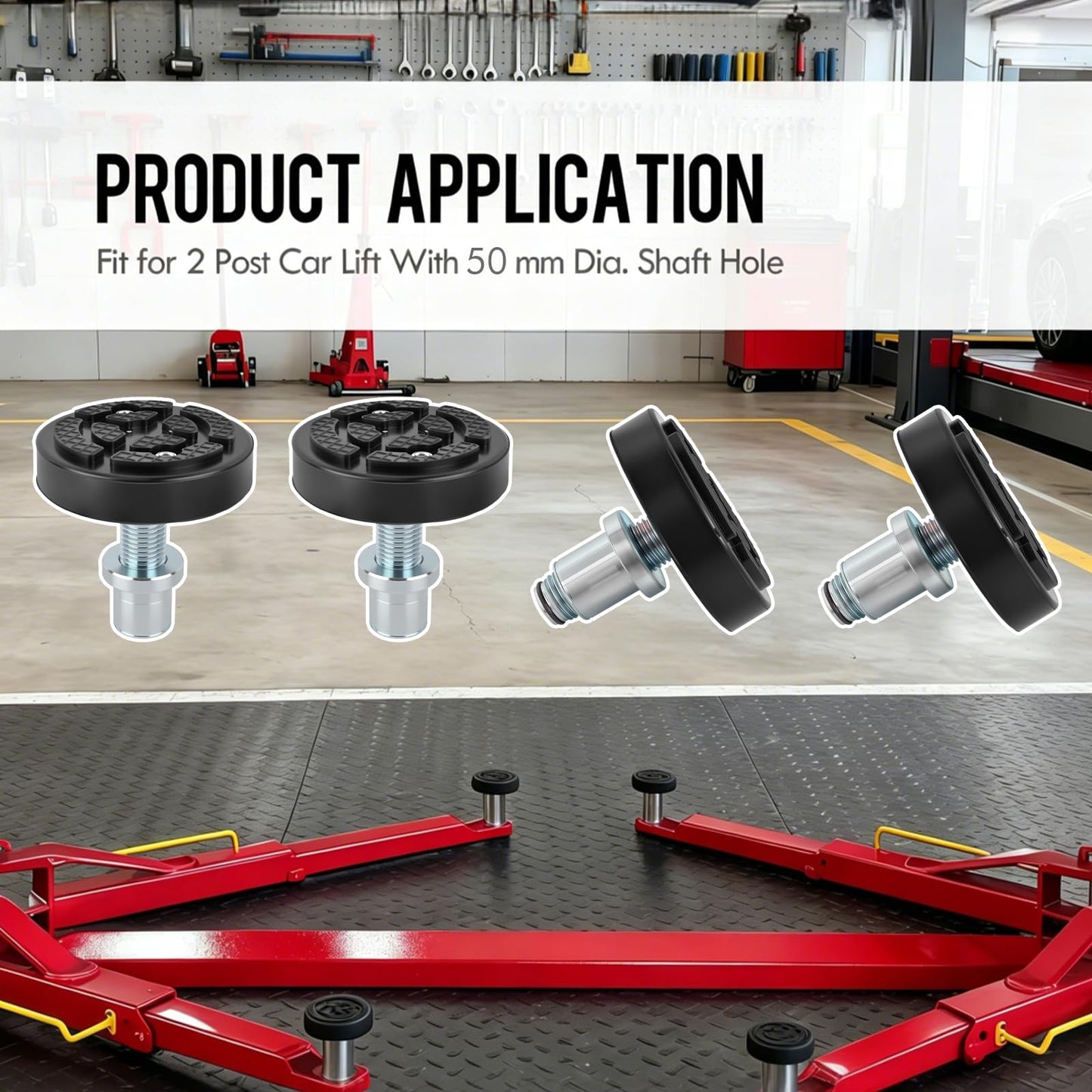 4-Pack 50mm Shaft Diameter Car Lift Round Tray Rubber Pads, Heavy-Duty Screw-Up Heightening Feet Plus High Leg Extension Pads for 2-Post Lifts, Adjustable Support Tray Set