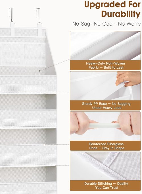 Criusia Over The Door Organizer - Heavy-Duty 6-Shelf Storage with 13 Mesh Pockets | 55lbs Capacity, White
