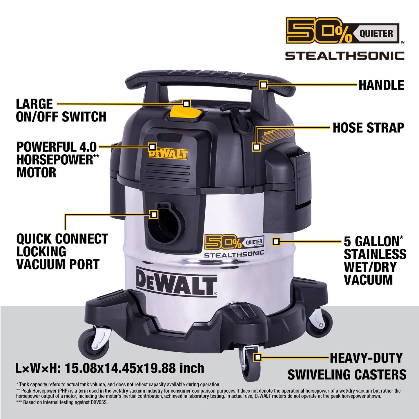 DEWALT 5 Gallon STEALTHSONIC Shop Vacuum Wet and Dry, Powerful Suction & Portable Shop Vac with Attachments, Ultra Quiet Wet Dry Vacuum for Home, Garage, Car, Workshop, Jobsite, DXV05S-QT, 4 Peak HP