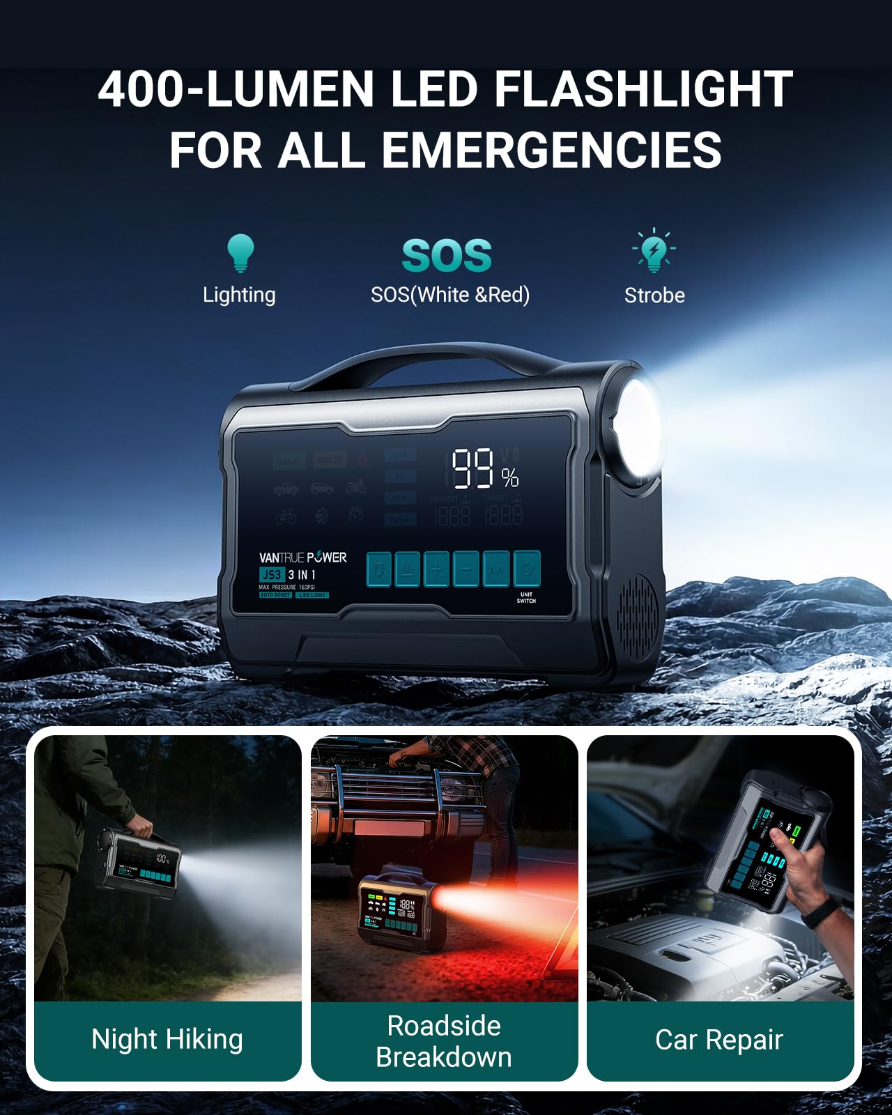 VANTRUE POWER JS3 Real 3250A Jump Starter with Air Compressor 160PSI, 12V Car Battery Booster with Display, Jump Box with Light, Support 65W Fast Charging Power Bank, 8.0L Gas/3.8L Diesel Engines