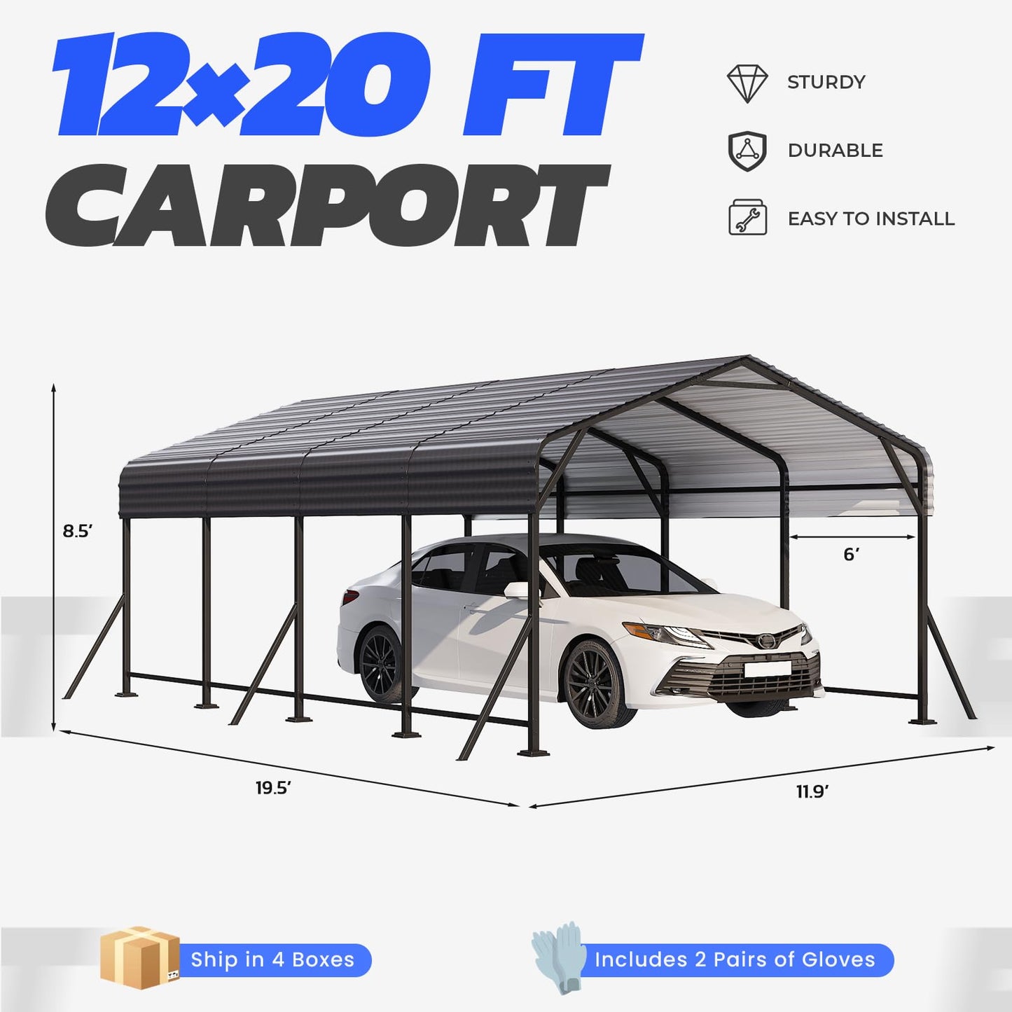 EROMMY 12' x 20' Heavy Duty Metal Carport with Galvanized Steel Roof & Base for All-Weather Protection, Outdoor Carport Garage, Versatile for Car, Boat, Tractor, and Party Use, Dark Gray