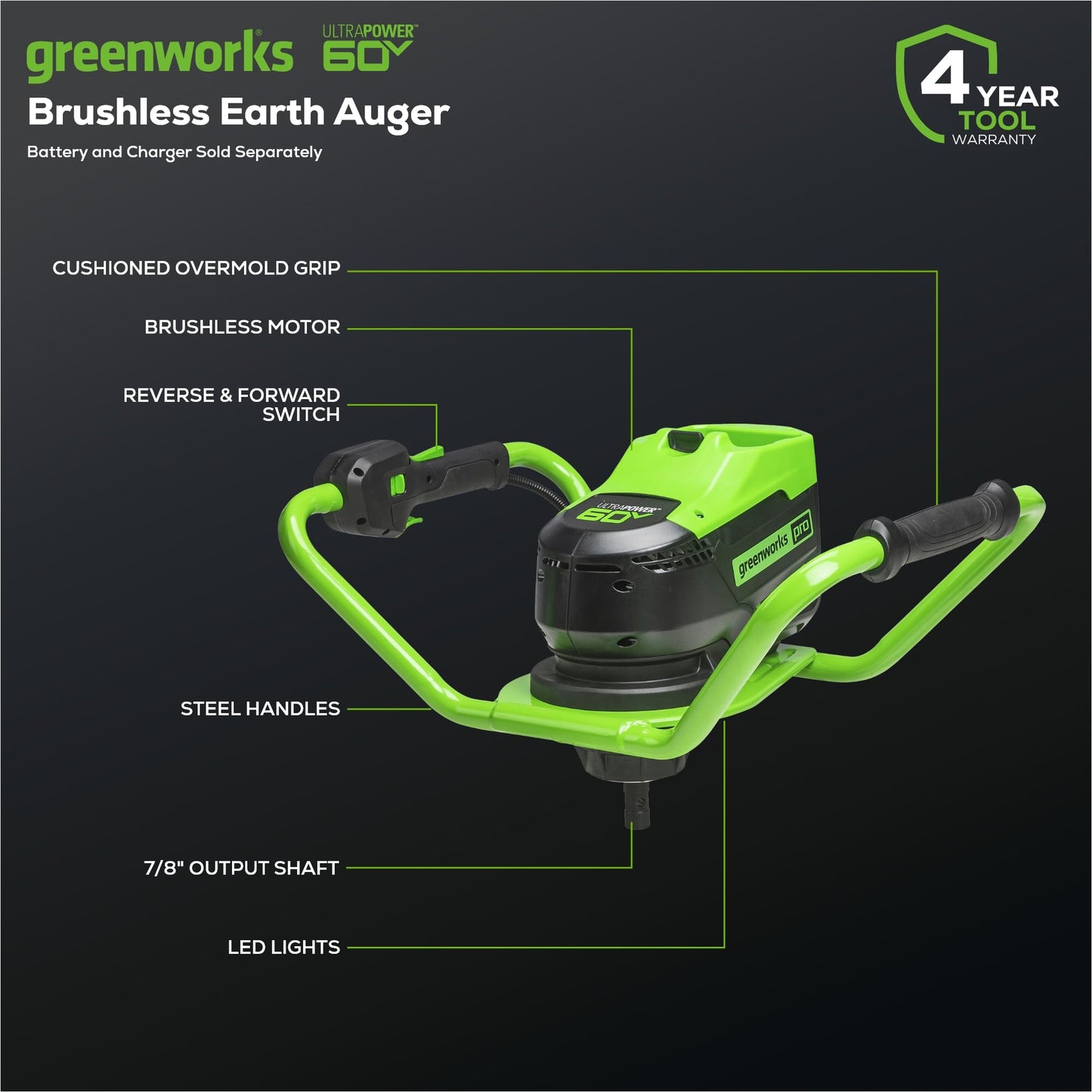 Greenworks Pro 60V Brushless Earth Auger | Post Hole Digger Great for Fences, Gardening, Planting, and More | Auger Bit and Battery + Charger Sold Separately