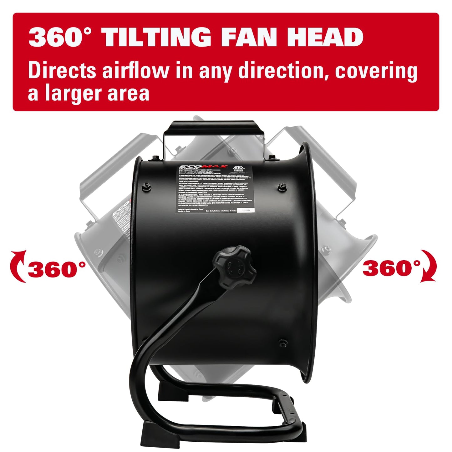ECOMAX 10-Inch Drum Fan, 900CFM 3-Speed Industrial Floor Fan with 360° Tilt Head, 85W 120V Aluminum Blade Shop Fan for Garage Workshop Basement Patio, UL Certified, 8.6 LBS