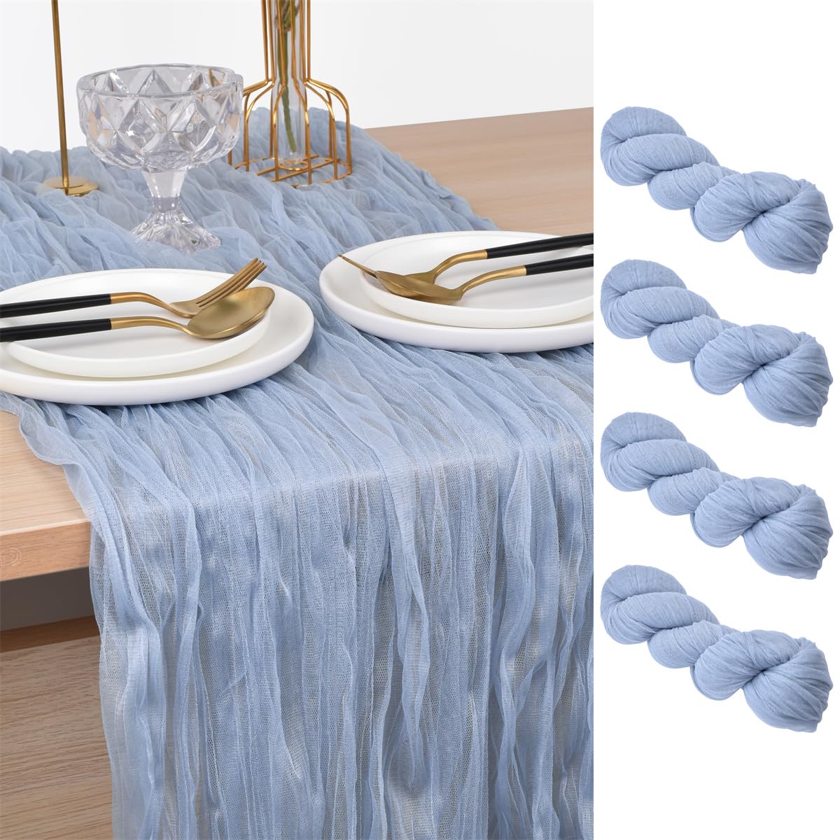 Joanlody Blue Cheesecloth Table Runner Spring Summer 10Ft Rustic Gauze Boho Cheese Cloth Table Runner for Wedding Bridal Baby Shower Decoration 4 Pack
