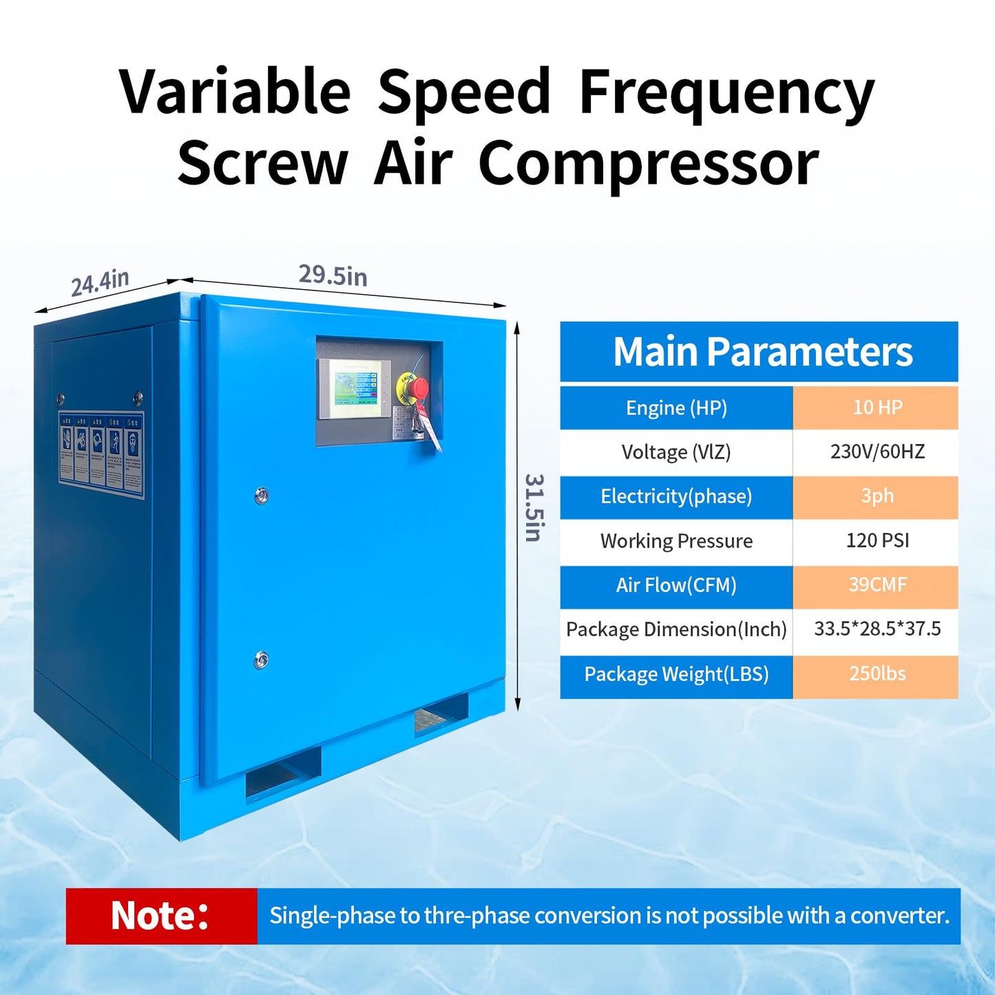 10HP 7.5KW 230V 60Hz 3-Phase Variable Speed Frequency Rotary Screw Air Compressor 39cfm Max Pressure 120 psi Commercial Air Compressed System