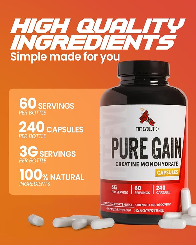 Creatine Monohydrate Capsules – 750mg Capsule for Men & Women – 60 Serving – Pure Micronized Creatine for Strength, Fitness & Sport – 240 Count, Gluten Free Nutritional Supplement
