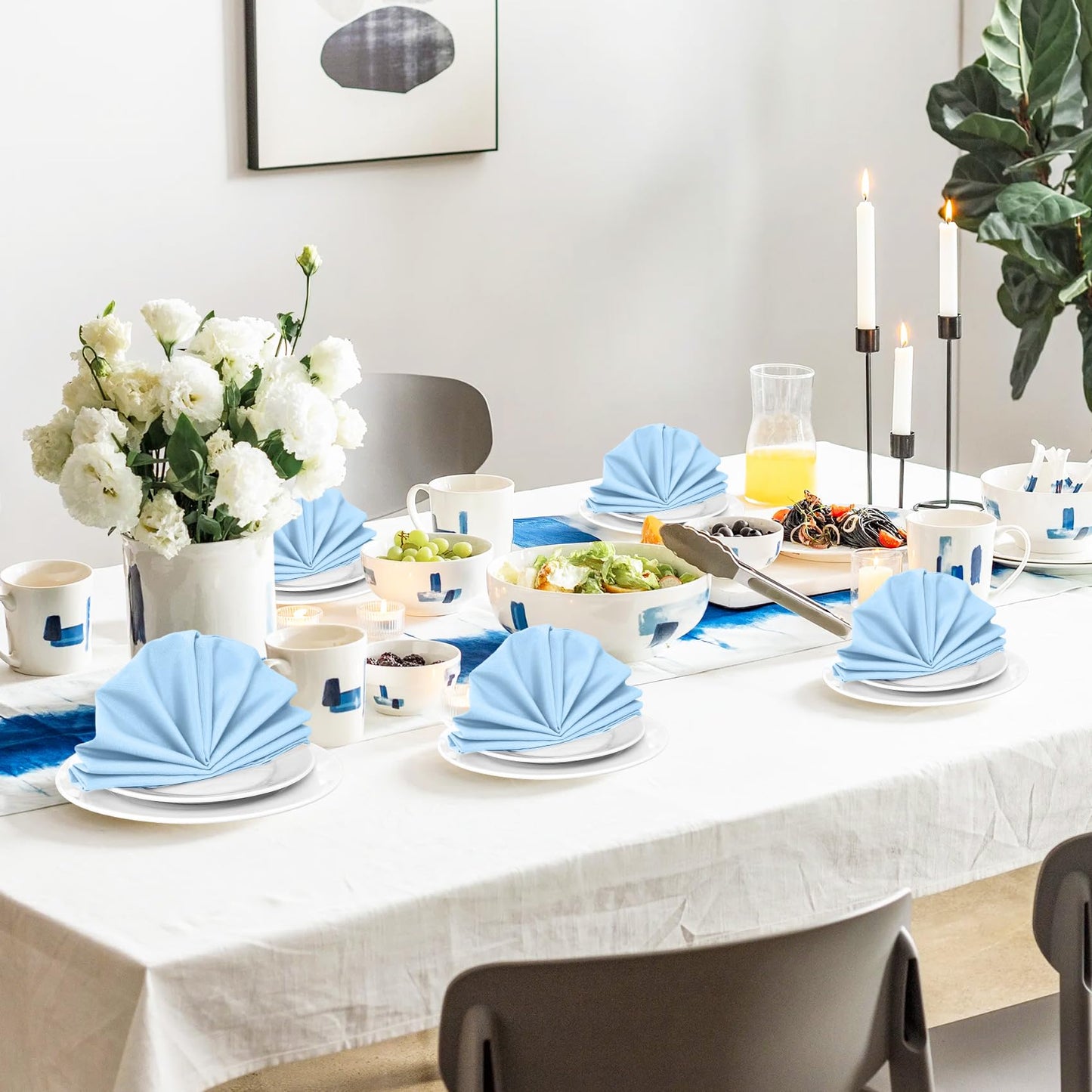 SuperO Set of 120 Cloth Napkins 17 x 17 Inch, Polyester Solid Washable Dinner Napkins with Hemmed Edges,Great for Restaurant, Wedding and Party(Blue Mist)