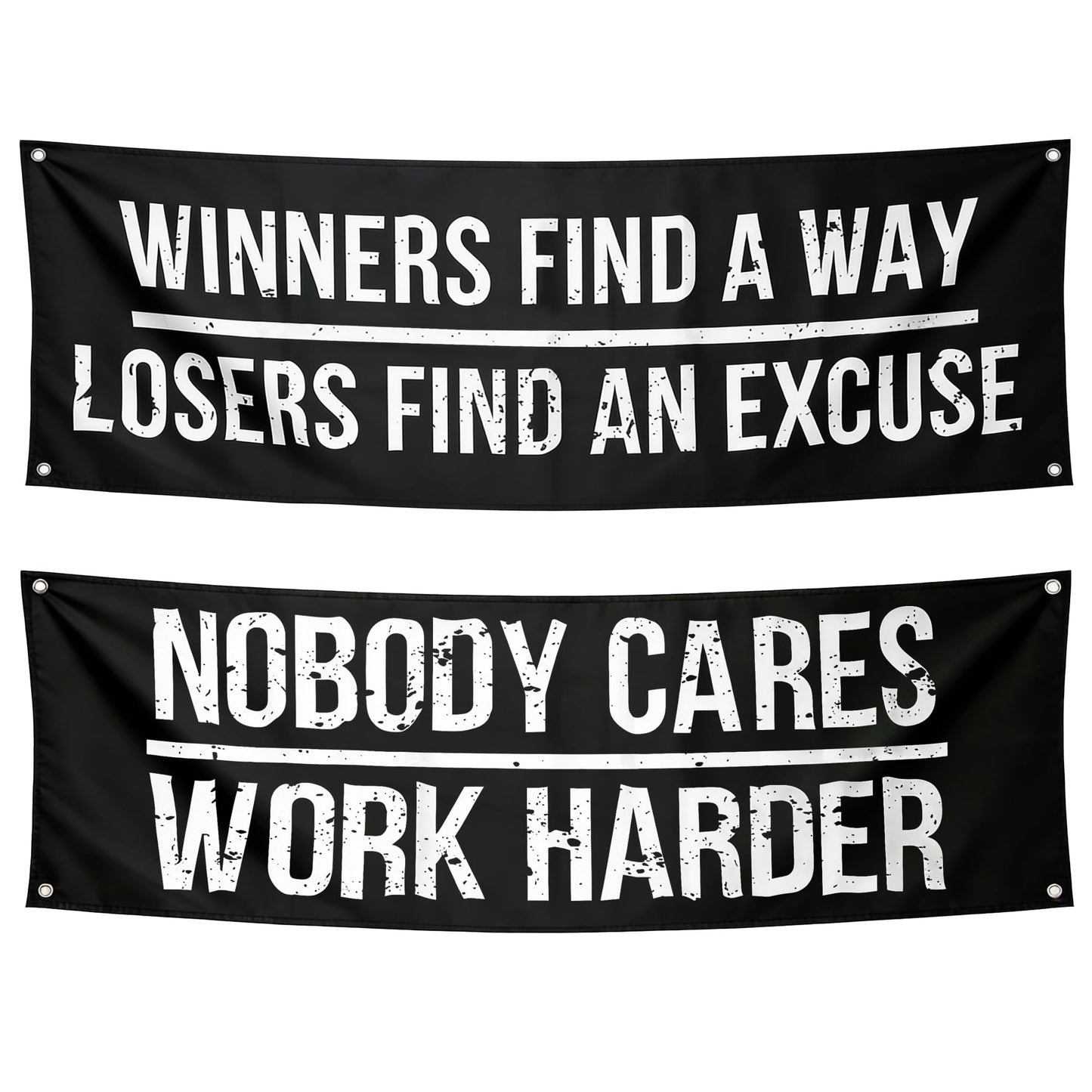 Motivational Banners Set - Gym and Office Wall Decor with 4 Grommets - Heavy-Duty 13oz Vinyl UV Print Indoor/Outdoor Posters - Losers Find An Excuse, Nobody Cares Work Harder (2 x 6 FT)