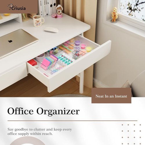 Criusia 14 PCS Clear Plastic Drawer Organizer Set | 5 Large Non-Slip Storage Bins for Kitchen & Bathroom