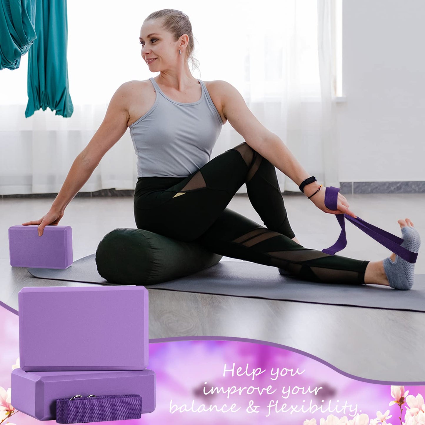 Outus 20 Pack Yoga Blocks and Straps Non-Slip EVA Foam Blocks with Metal D Ring Straps for Gym Exercise and Workout(Purple)