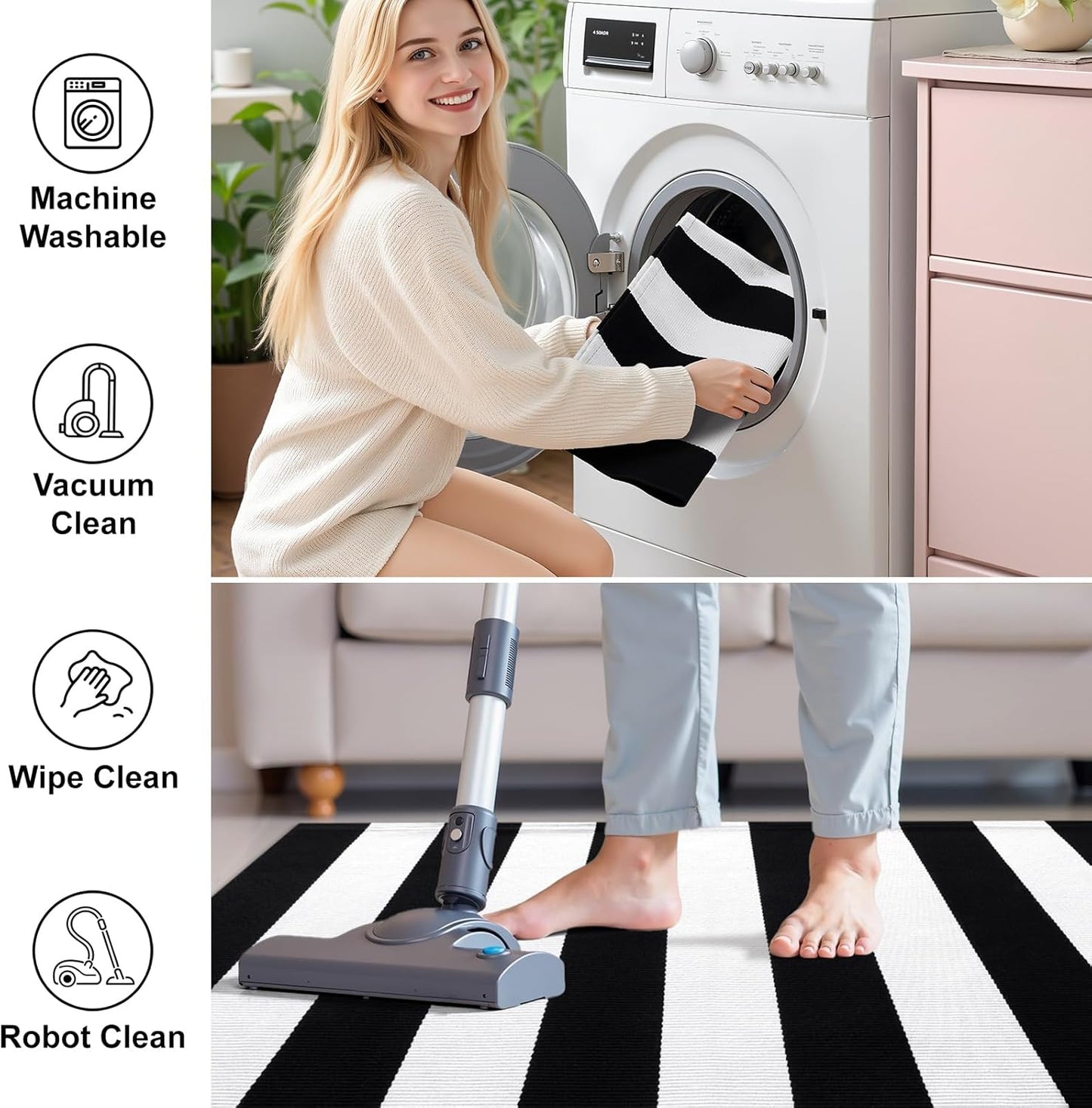 OLANLY Striped Rug - Washable Black and White Cotton Doormat | 2'4" x 3'7" for Indoor/Outdoor Use