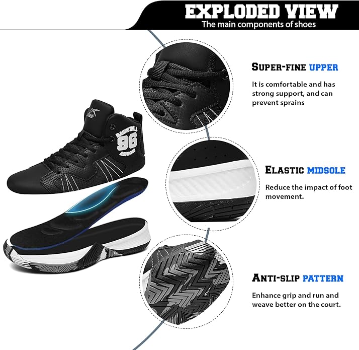 ASHION Kids Basketball Shoes Boys Girls Sneakers Mid-Top Lace Up Cushion Anti Slip Athletic Outdoor Sport Shoes for Unisex-Child