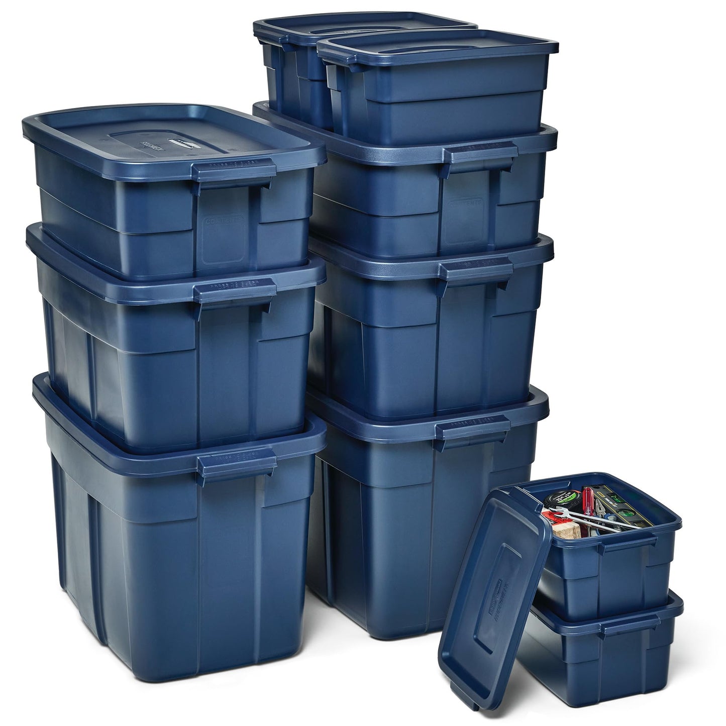 Rubbermaid Roughneck Tote Variety - |Made in the USA| Dark Indigo Metallic, Rugged Plastic Stackable Storage Tote with Lid and Handles (Pack of 10)