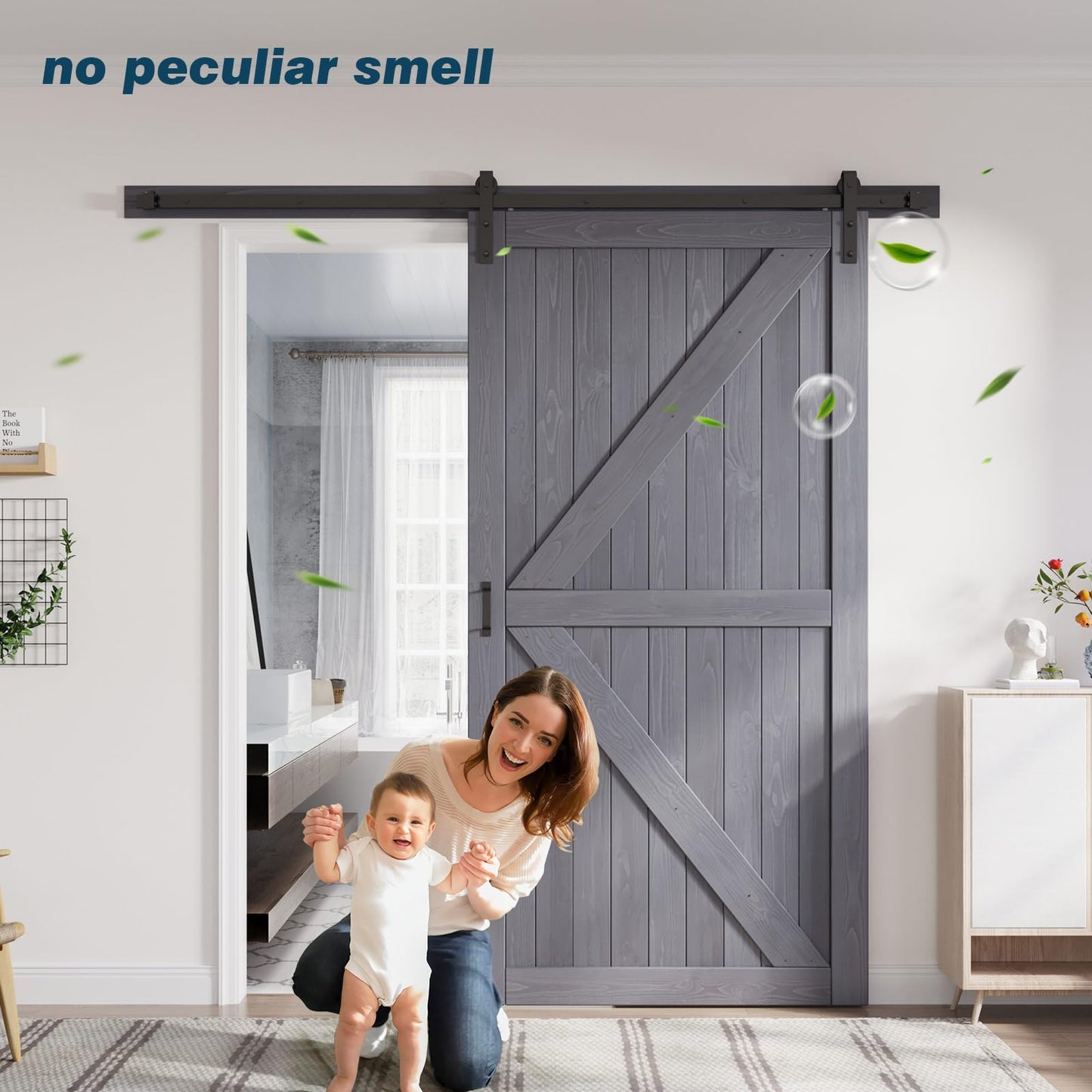 FREDBECK 48in x 96in Gray Wood Barn Door Slab with 8ft (96inch) Barn Door Hardware Track Kit Included, Double Surfaces,Simple Assembly is Required,K-Frame,Grey
