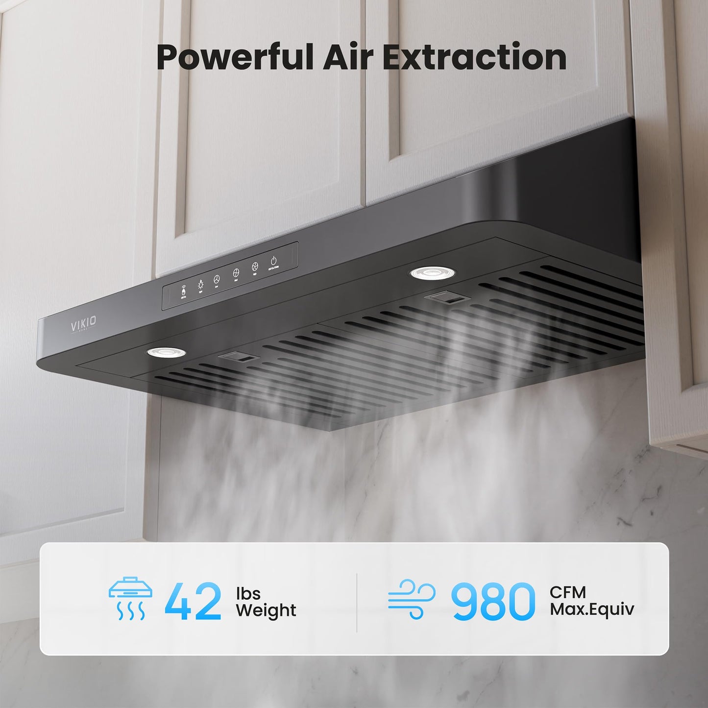 VIKIO HOME Under Cabinet Range Hood 30 Inch, 980CFM Fast Venting Ducted, Kitchen Hood With 3 Speed Gesture Sensing & Touch Control, Stainless Steel Stove Vent Hood With LED Light, Black