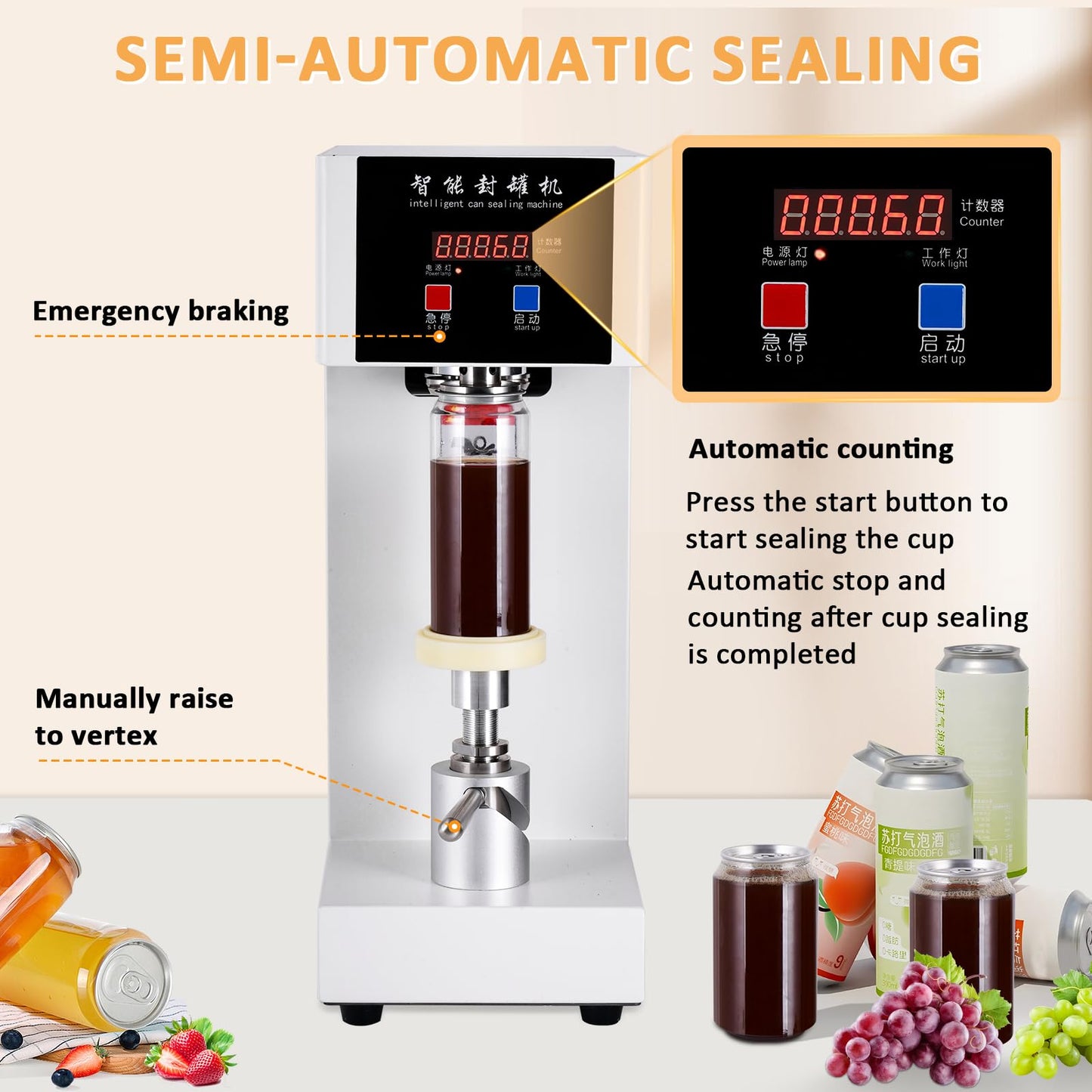 JIAWANSHUN 180W Commercial Soda Can Sealer with LCD Counter, 4.5"-6.7" Height Adjustable Seaming Machine for Soda/Aluminum/Tin Cans, 2.2" Diameter Plastic Can Sealer