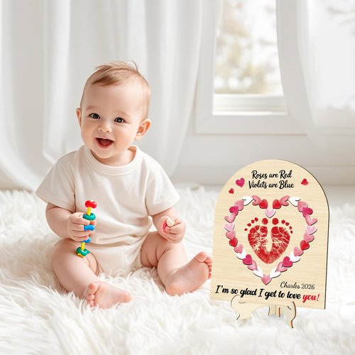 Baby's First Valentines Day Footprint Sign DIY Wooden Art Baby's First Valentine's Day Gift Babies Keepsake Milestone Nursery Decor (Heart)