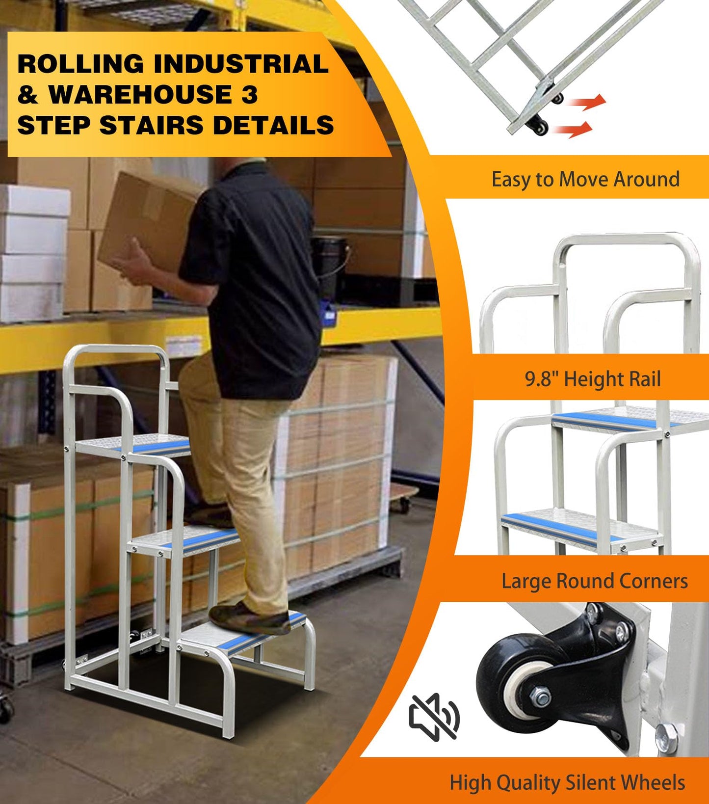 3 Step Stairs with Wheels, Industrial & Warehouse 3-Step Rolling Stairs, Non-Slip Rolling Steps with Stair Edge Protector, Easy to Move Rolling Steps with Wheels(19.7W x29.5H, 600LBs Loading).