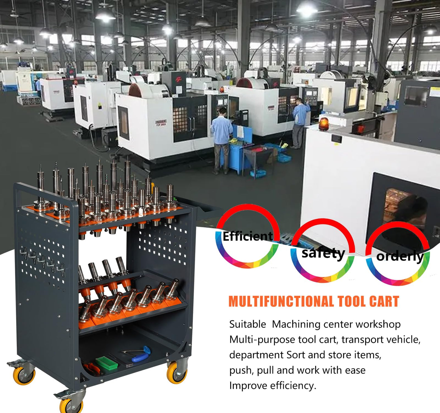 LYREIGN Grey Classic 40 Taper CNC Tool Holder Transfer Cart, 35 Capacity CAT/BT40 Service Carts with Wheels Heavy Duty, Multi-Function Workshop CNC Tool Trolley