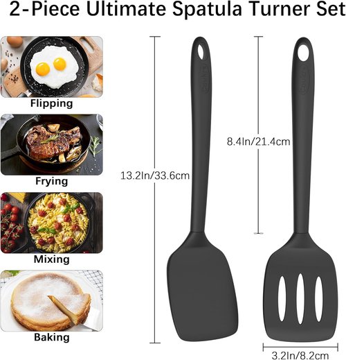 Coukre Silicone Spatula Set - High Heat Resistant, BPA Free, Solid & Slotted Turners (2 Pack, Pure Black)