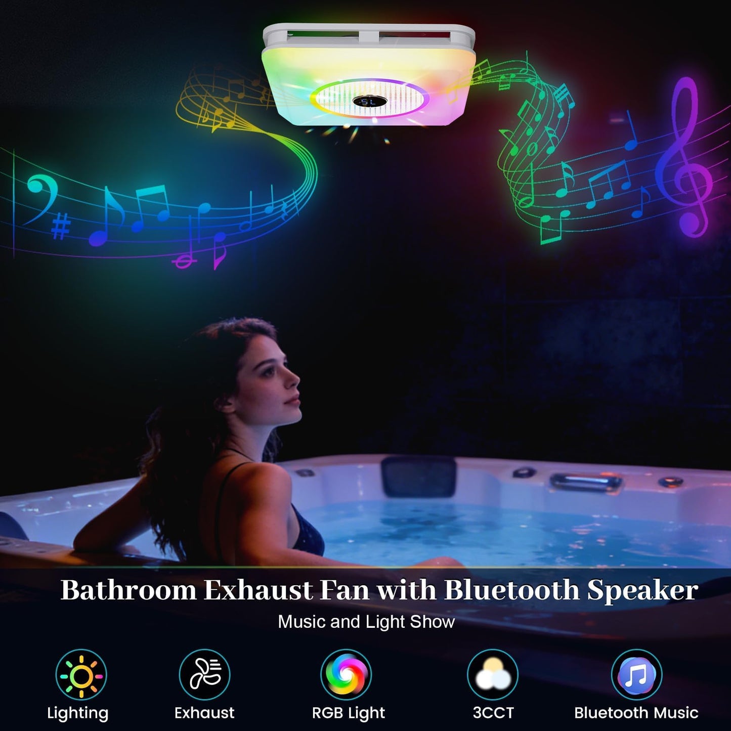 Orsong Bathroom Exhaust Fan with Bluetooth Speaker, 7 Dynamic RGB Lighting, 3000K-6000K Adjustable LED Lighting, Precise Algorithm Enables Seamless Dance Between Light And Music