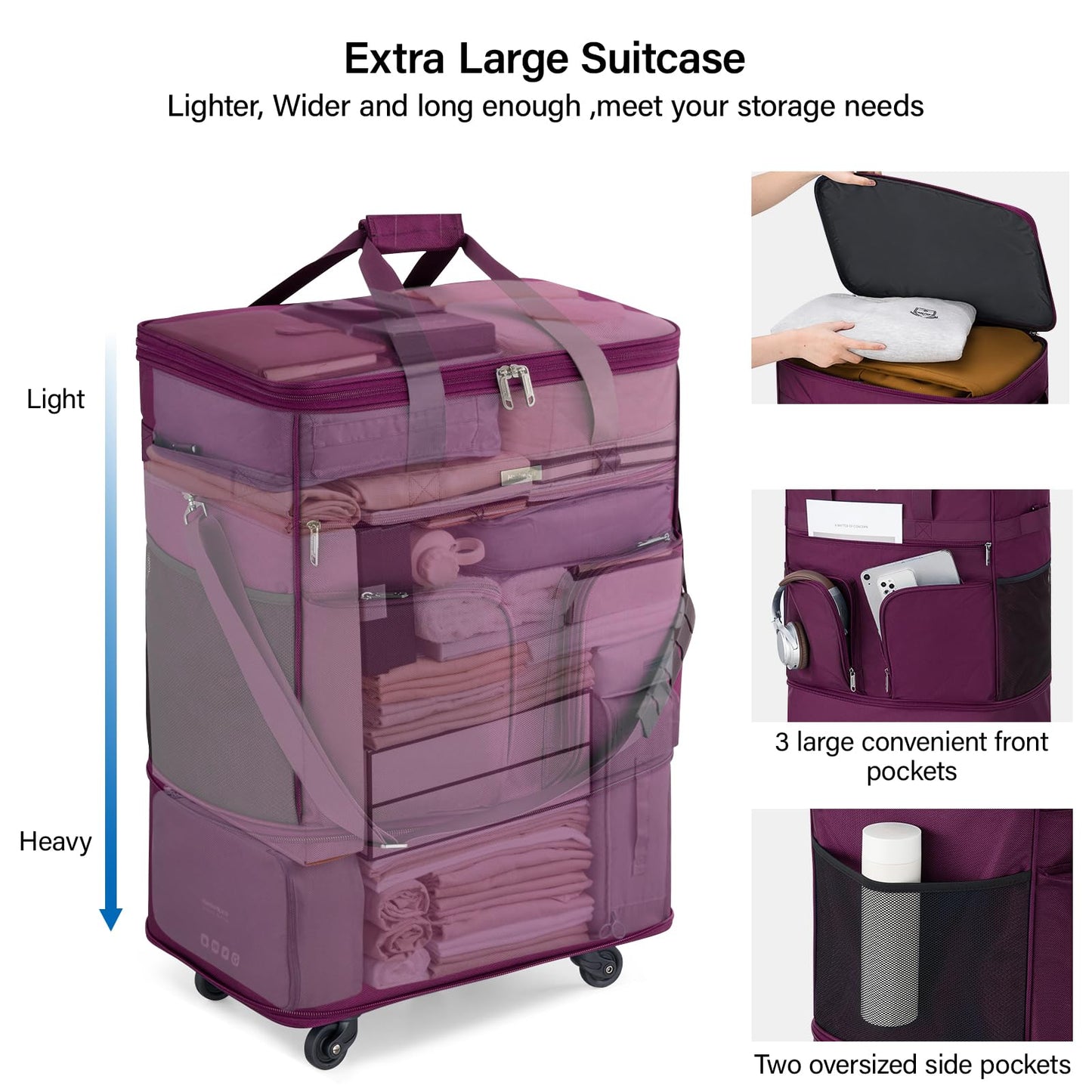 Hanke Expandable Large Suitcase 4 Wheels Lightweight Collapsible,Foldable Suitcases &Travel Bags Hand Luggage Extend 20/24/28 inch Suitcases Duffel Bag Without Telescopic Handle for Men & Women